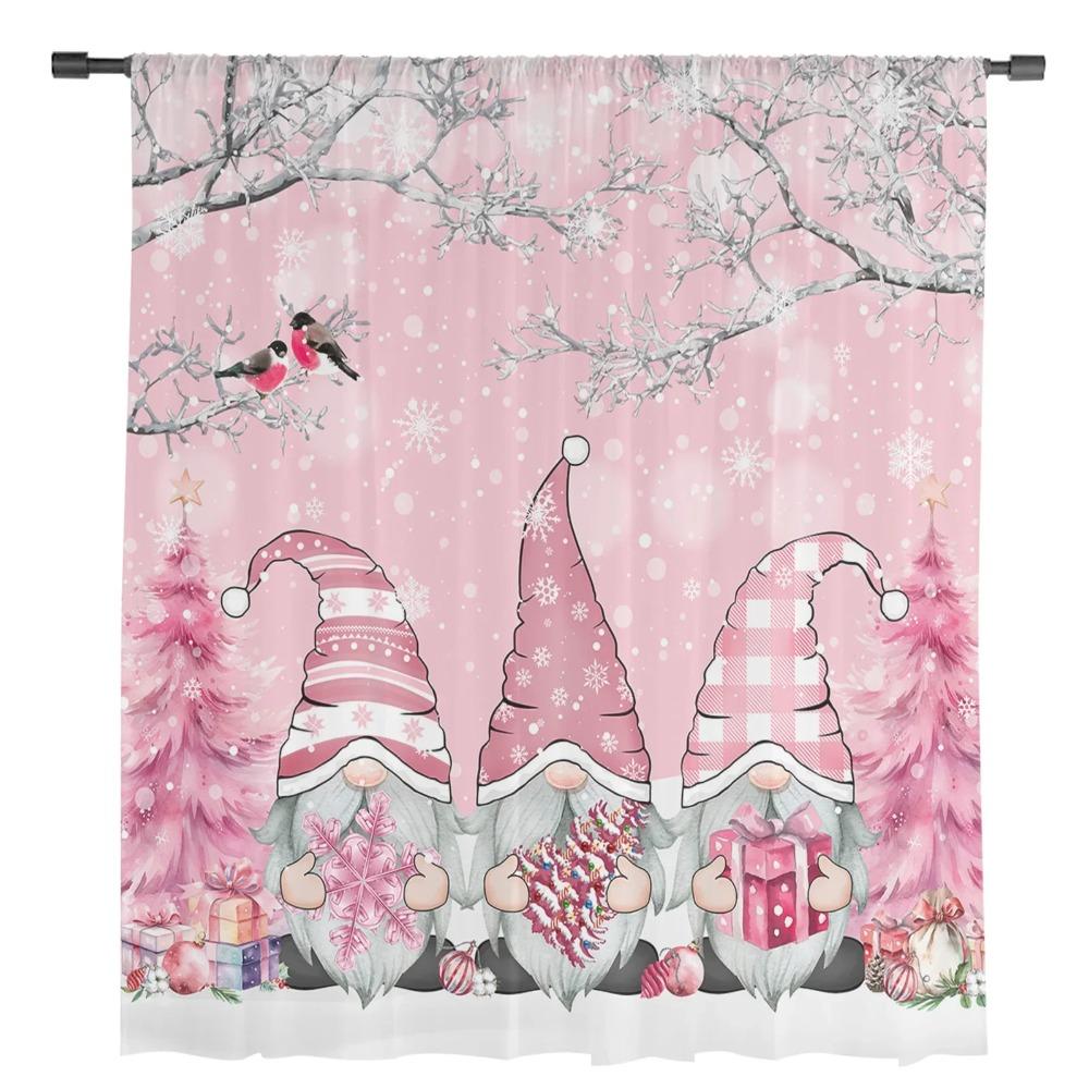 Christmas Snow Scene Snowflakes Gnome Pink Yarn Curtain Window Tulle Curtains For Living Room Kitchen Sheer Voile Curtains