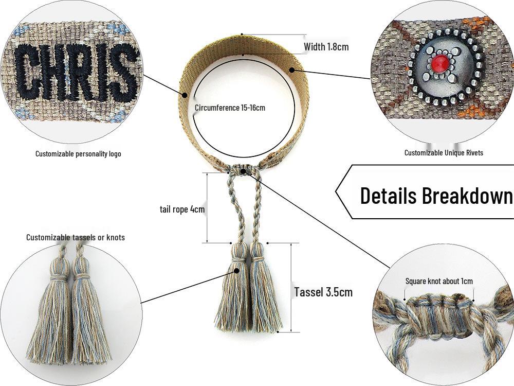 Custom Bohemian Embroidered Bracelet with Tassel and Woven Rope - Handmade Jewelry for Couples and Women