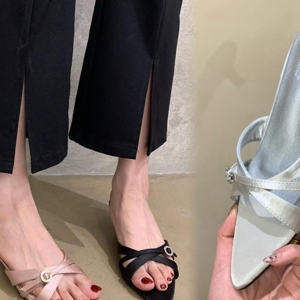 I like it very much~ pointed silver high-heeled sandals, thin heels, love rhinestone thin straps, 2025 summer new slippers for women's outer wear