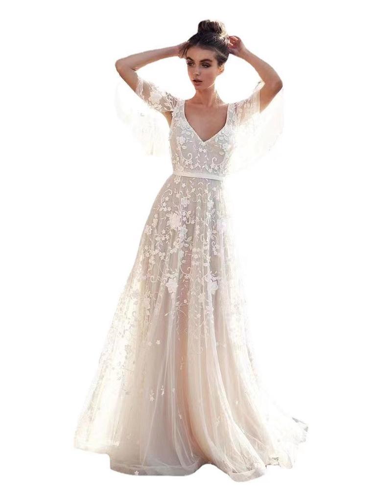 2025 Spring/Summer Deep V Lace Backless Mid-Length Evening Dress for Women