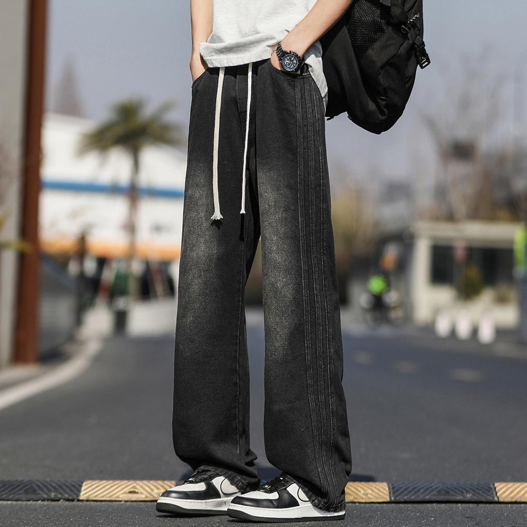 Nowy Trend Projektowy Luźne Spodnie w Paski z Prostą Nogawką 2-paskowe Dżinsy