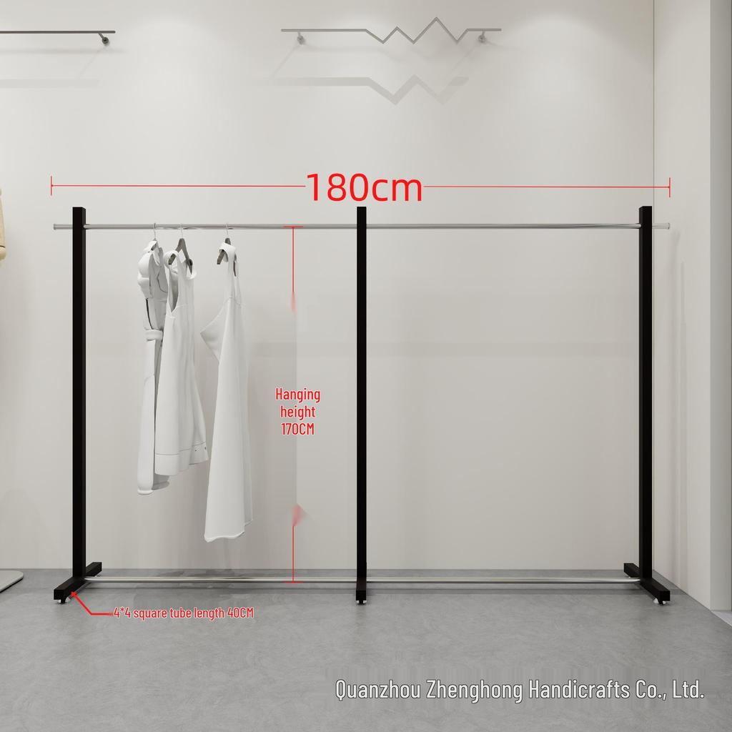 Black Stainless Steel Floor-Standing Garment Display Rack for Women's Clothing Store