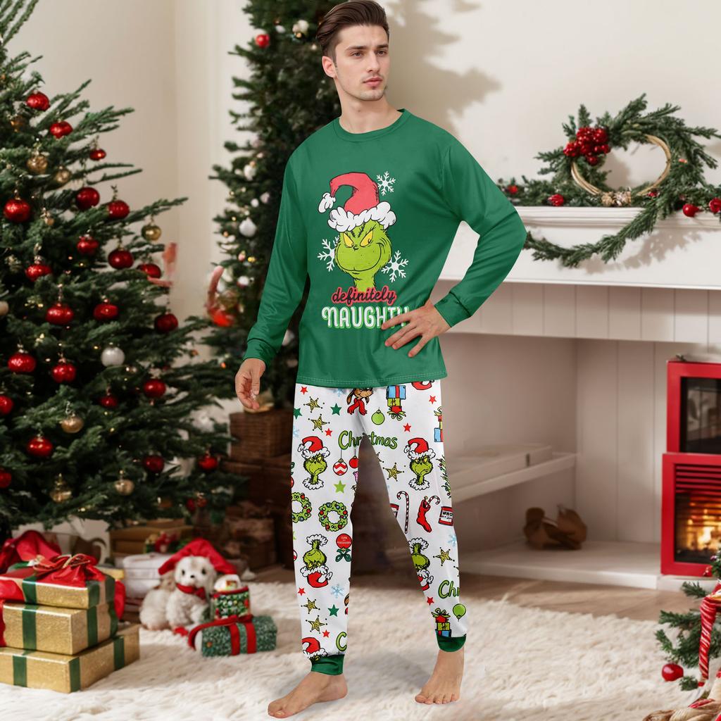 Christmas Print Family Matching Pajama Set Long Sleeve Long Pants Neck for Women Men and Kids