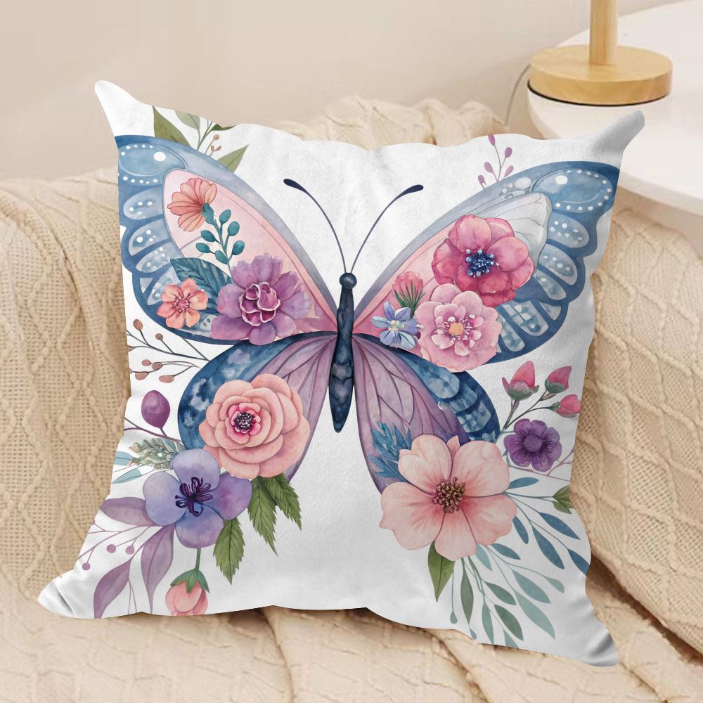 

Watercolor butterfly and flower Cushion Cover Short plush Doublesided Print Square Throw Pillow Covers Sofa Home Cushion Decor 30x30cm