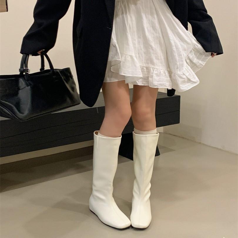 Two wear wide tube high boots square head low heel boots 2025 autumn new versatile women's shoes