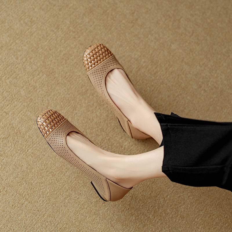 Krazing Pot Cow Skin Weaving Summer Size 41 Low Heels Party Shoes Women Square Toe Gladiator Mixed Color Hollow Out Pumps