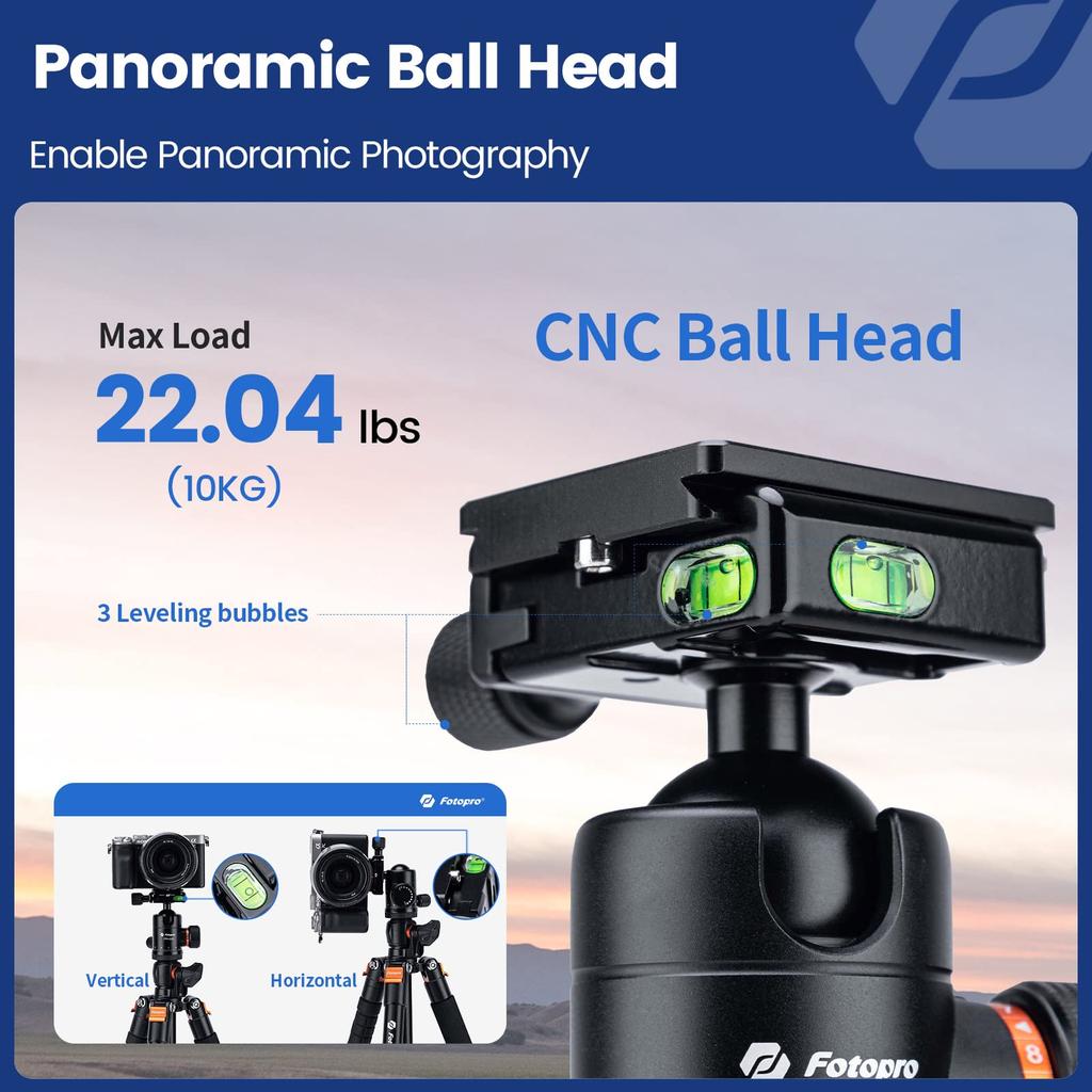 Fotopro 160CM Overview Tripod Camera Tripod Horizontal 360 Tripod Portable Monopod with Ball Head 10KG Load Capacity Quick Release Plate for Travel