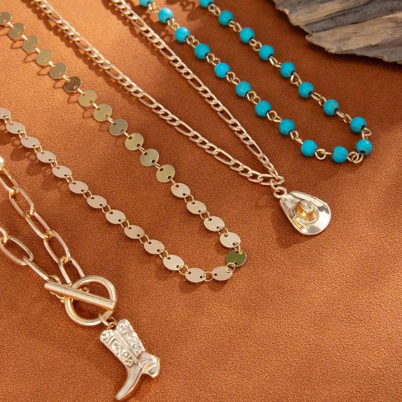 Vintage Western Style Metallic Sequin Hat Cowboy Boot Pendant Charm Necklace Bohemian Decorative Jewelry Set for Women Daily