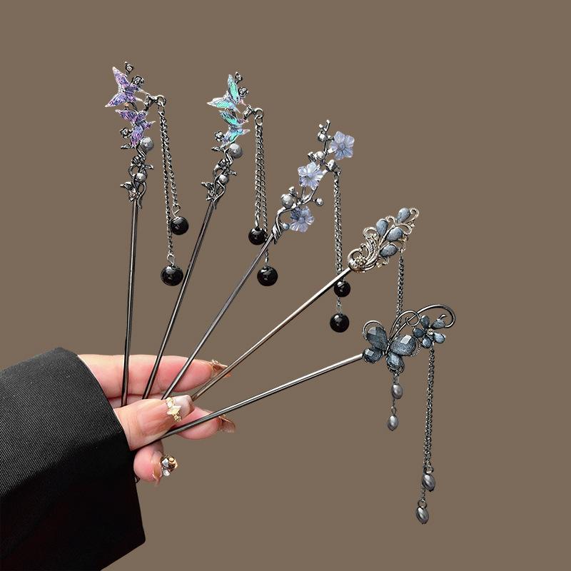 Flower Hairpin Neo-Chinese Style Hair Sticks Ink Colored Flower Tassel Hair Stick For Women Elegant Metal Jewelry Hair Accessory