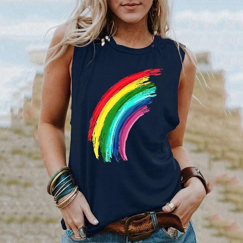 Canottiere Arcobaleno Estive Stampa 3D Donna Moda Casual Streetwear Oversize Scollo a O Canotta Senza Maniche Spalle Scoperte Donna Canottiera