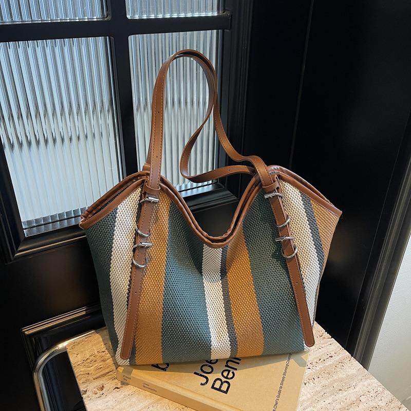 Striped commuter tote bag women's new fashionable large-capacity work shoulder bag