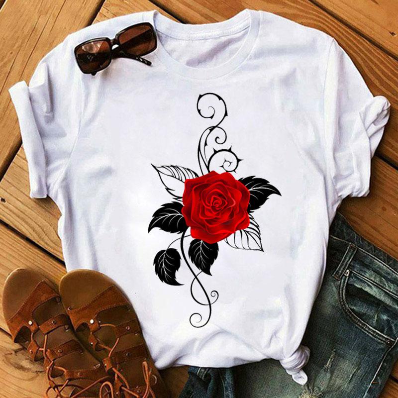 Womens Fashion Tshirt Rose Print Pattern Tshirt Daily Casual Short Sleeve Shirt Summer Round Neck Simple Street Womens
