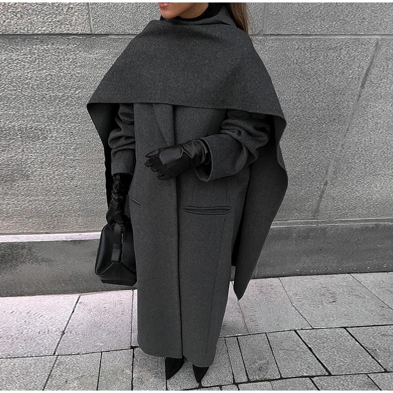 Casaco de lã com gola cachecol chique de cor sólida, bolsos elegantes, jaquetas trespassadas, novo vestuário feminino grande