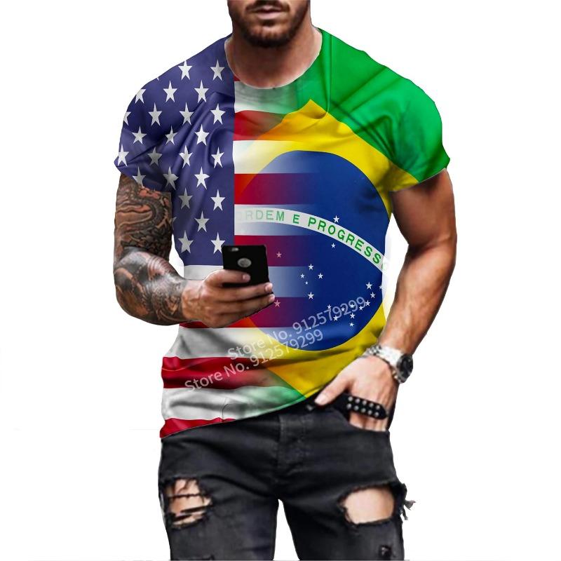 Mote Herre Brasil T-skjorte Harajuku Herre Brasil Flagg 3D-trykk Casual Sports T-skjorte Casual Kort Ermet Birl T-skjorte