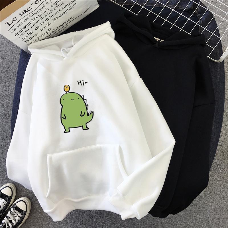 Harajuku Hoodie Kawaii Dinosaur Print 2020 Winter Clothes Women Loose Oversized Sweatshirt Warm Trend Casual Graphic Korean Top
