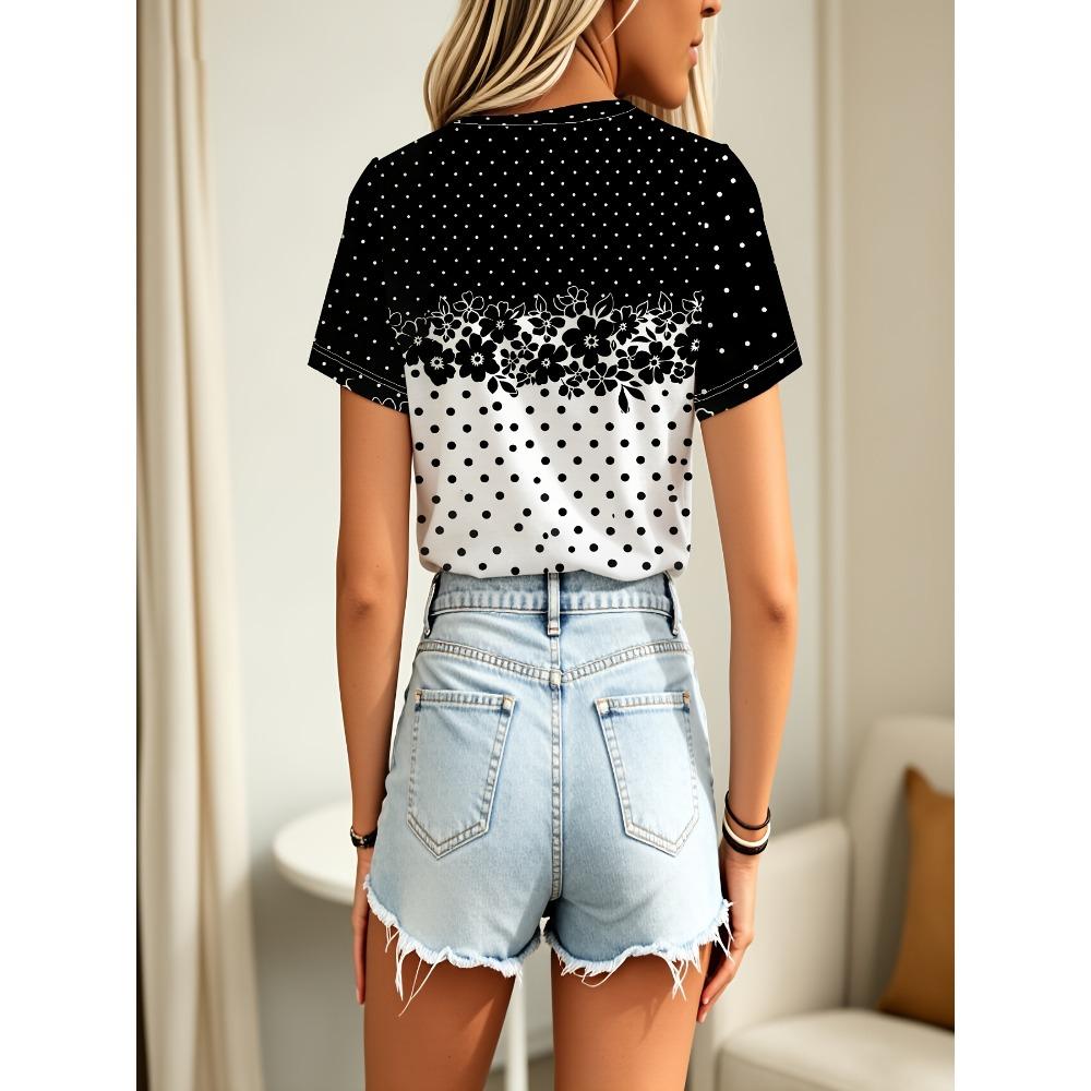 Casual Black and White Spliced Round Neck Graphic Printed T-shirt