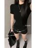 Women's Black and White Short-Sleeved Summer T-Shirt, Versatile Round Neck, Slim Fit, Trendy Short Top