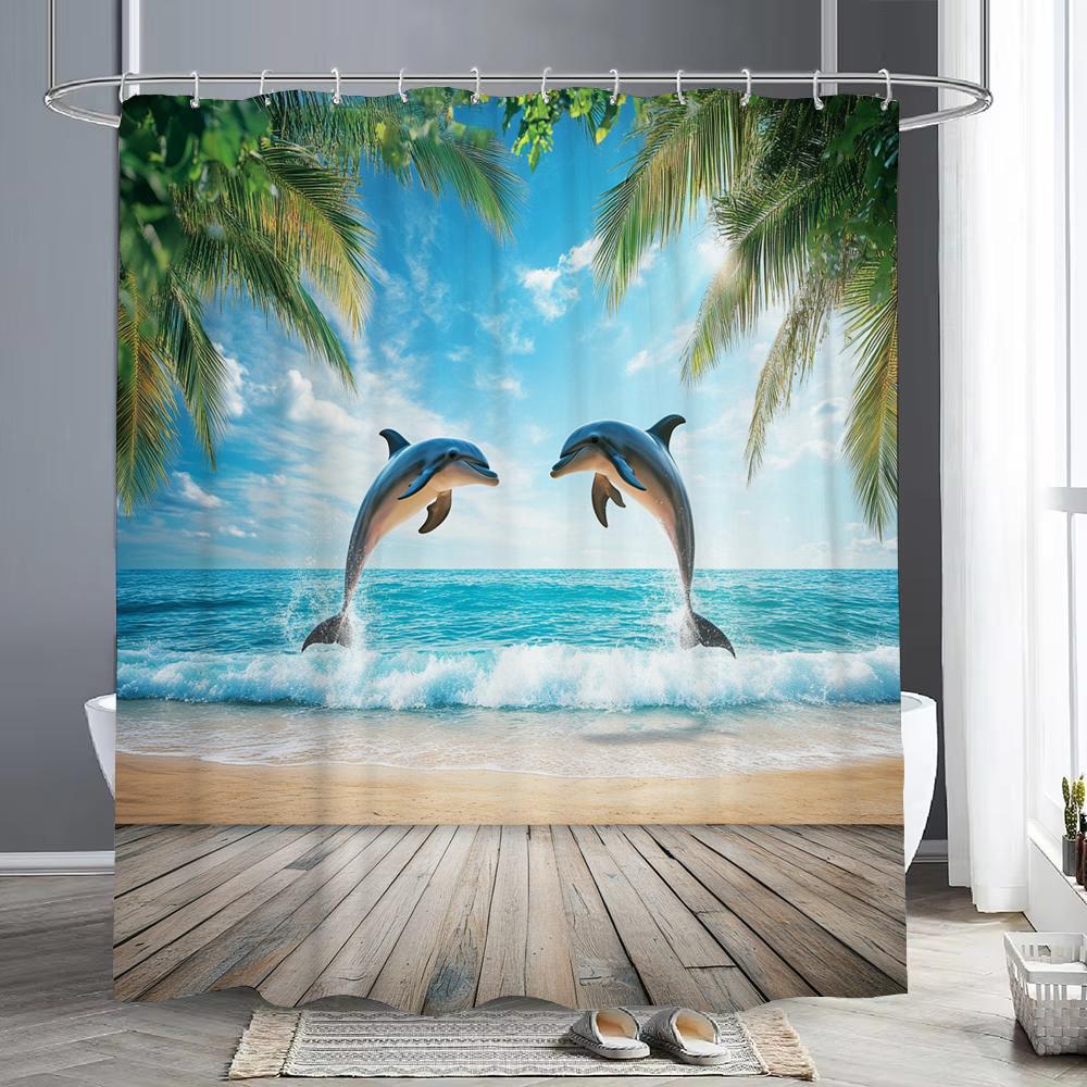 Sunshine Beach Shower Curtain,Ocean Shell Starfish Printing Polyester Fabric Bathroom Curtains for Home Decoration Curtain