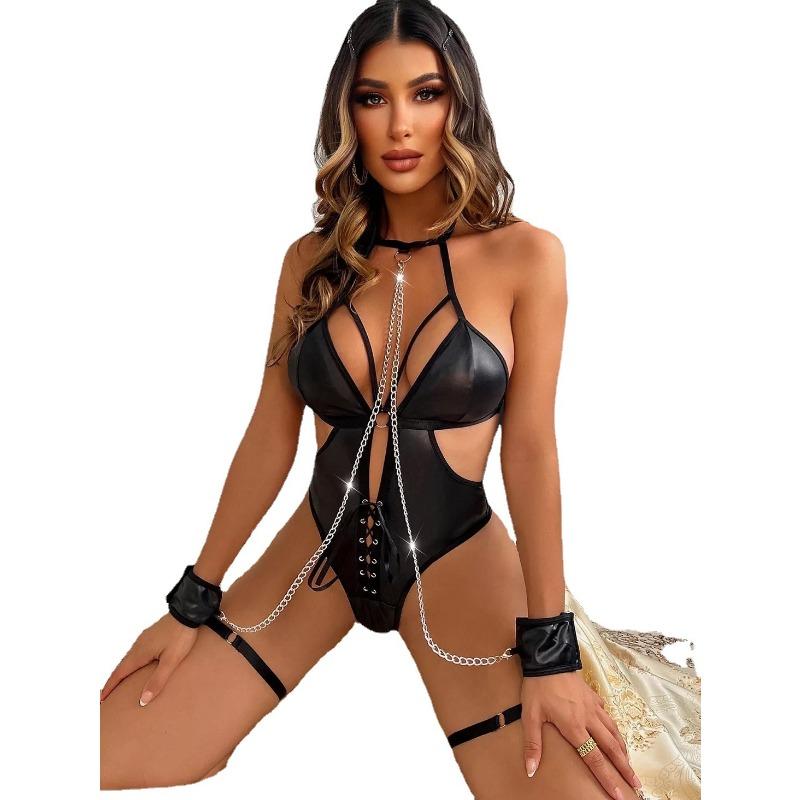 Monthly new supply, sexy patent leather onesie with bracelet, fun set support