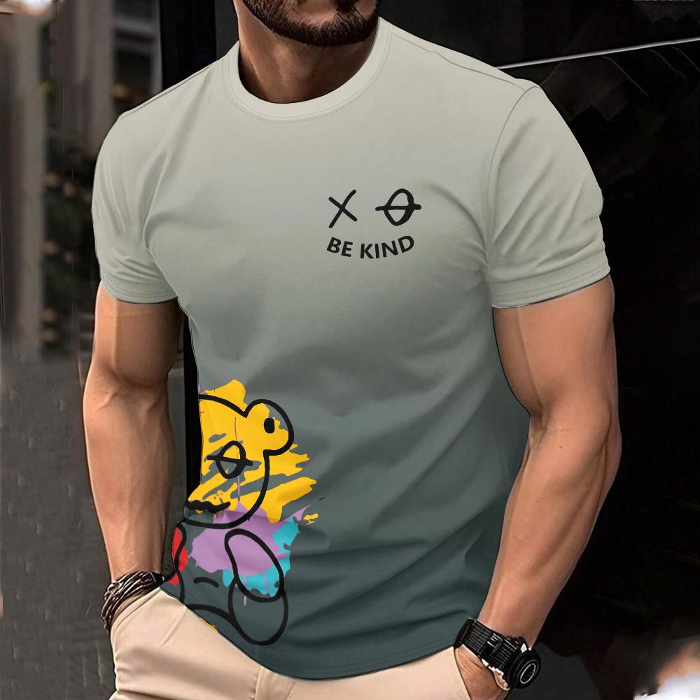 Summer Round Neck 3D Bears Pattern Gradient Print Top Fashionable Casual Short Sleeved Men's T-shirts