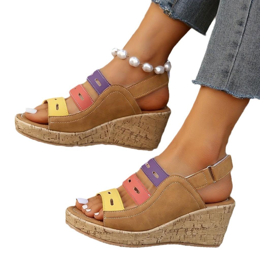 Women's Slope Heel Platform Sandals Large Size Summer New Color Matching Open-toed Roman Style Beach Sandals