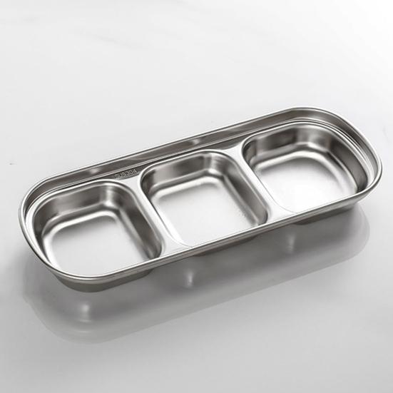 Stainless Steel Dipping Tray with 3 Compartments Easy To Clean Stackable Sauce Bowl Organizer Rack Tableware