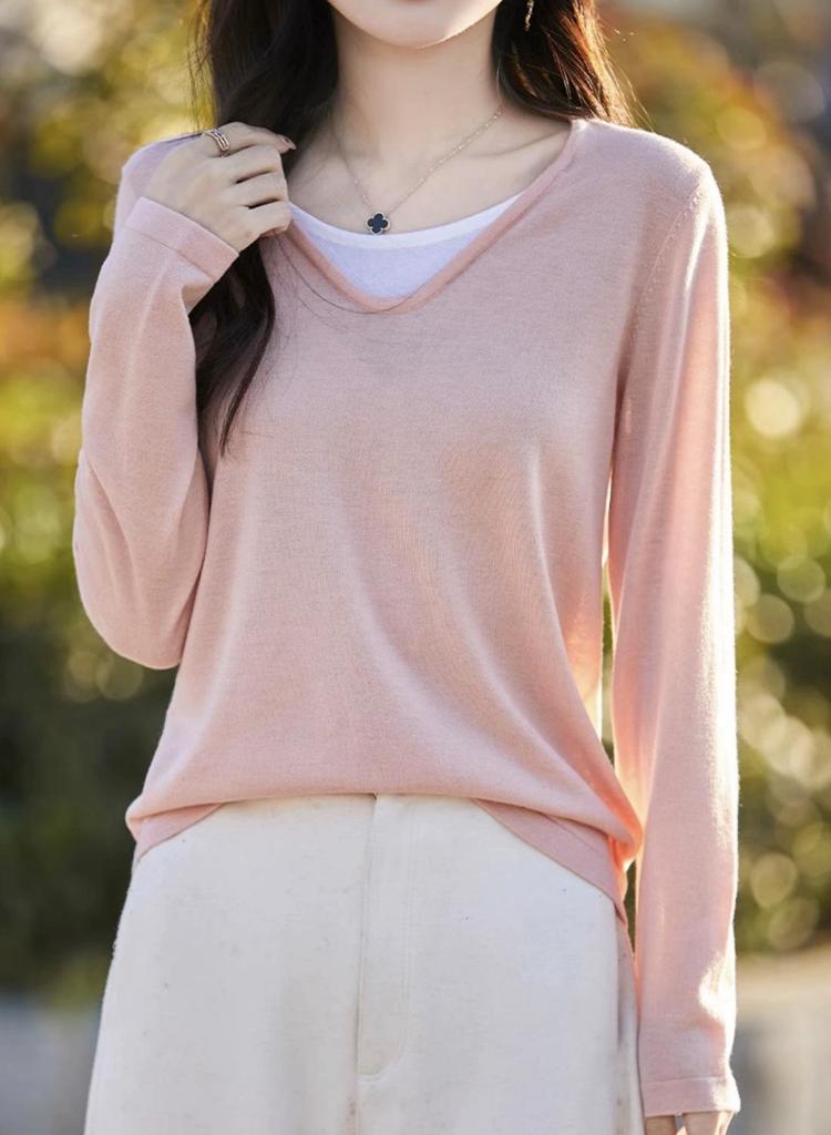 Women's V-Neck Color Block Layered Knit Sweater - Long Sleeve, Lightweight