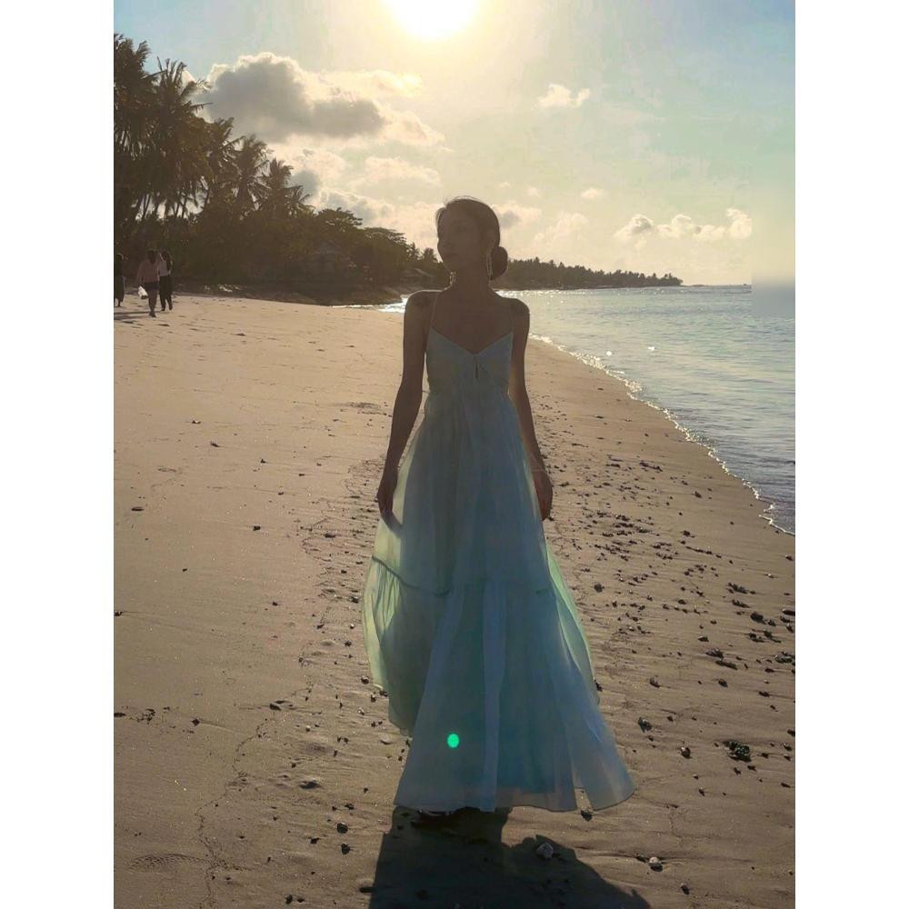 Seaside photo super fairy suspender dress  travel first love wear long dress vacation halter fairy dress
