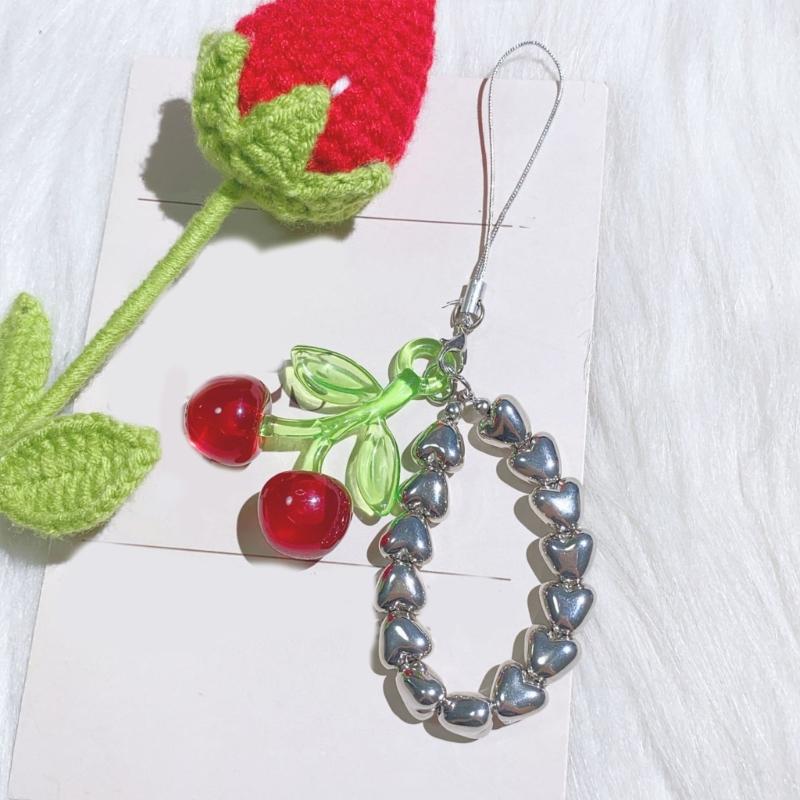 Stylish Beaded Cherry Pendant Keychain For Phone Or Keys Sturdy Alloy Material Compact Rope Construction