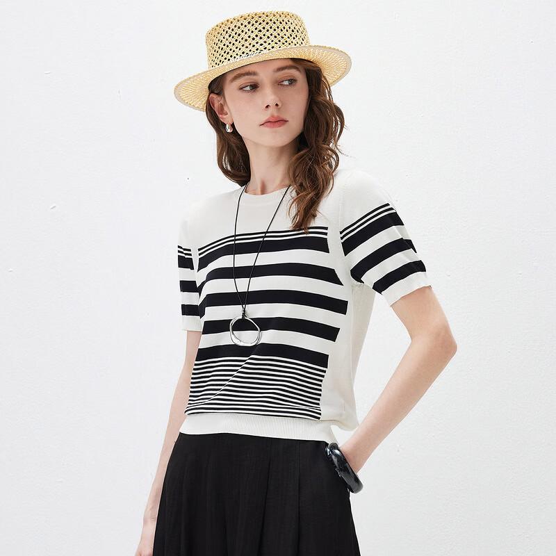 Kemengboka Damen gestreiftes Kurzarm-T-Shirt aus Maulbeerseidenmischung