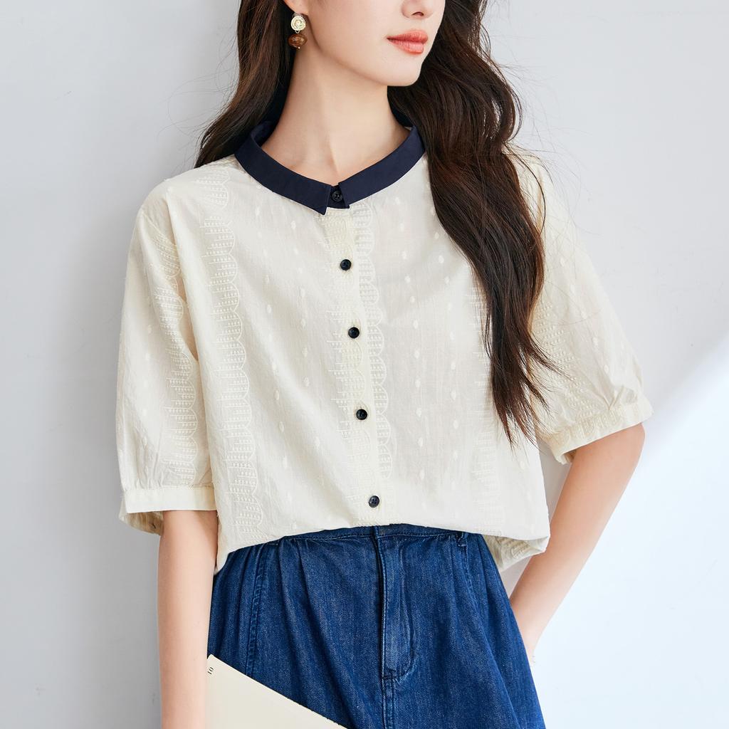 Bluzka biała z kołnierzykiem w bloki kolorystyczne, haftowana, na lato, nowa, do dojazdów do pracy, casualowa, damska, w stylu koreańskim, wszechstronna koszula kardigan