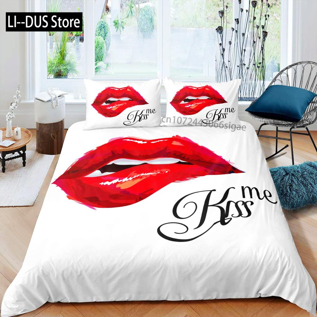 Girls Kiss Duvet Cover Red Lips Bedding Set For Kids Women Home Decor Comforter Cover Twin Full Queen King Size With Pillowcase