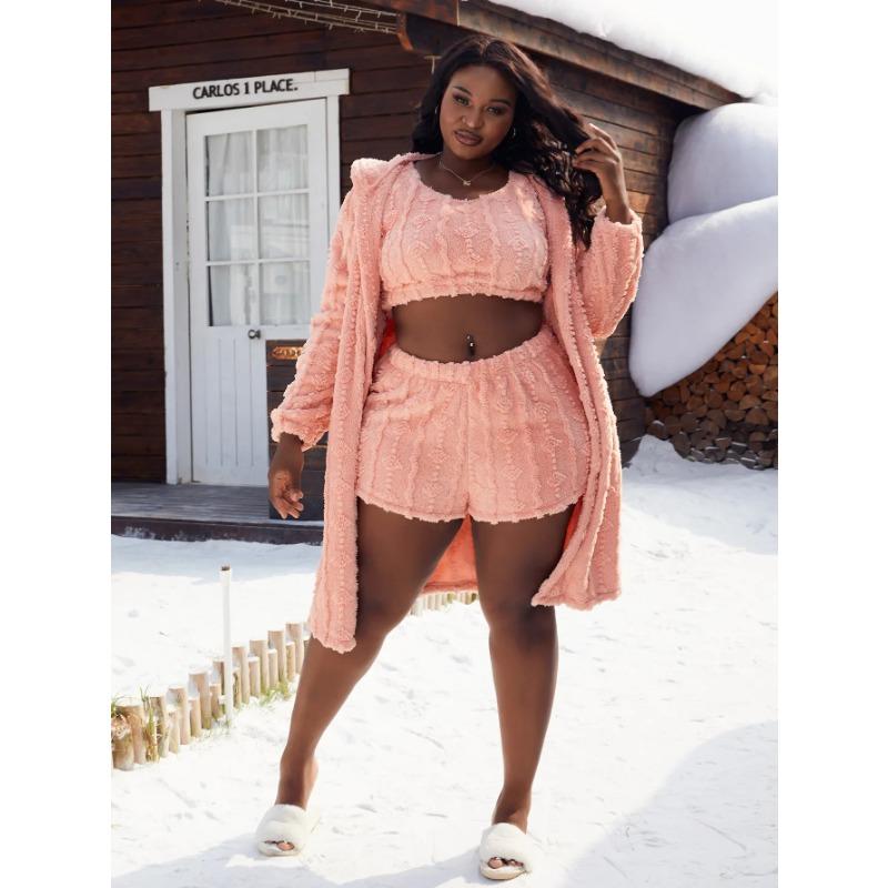 

Женская теплая зимняя пижама, верх, халат, 3 предмета, флисовый пижамный комплект, свободная домашняя одежда 5XL розовый