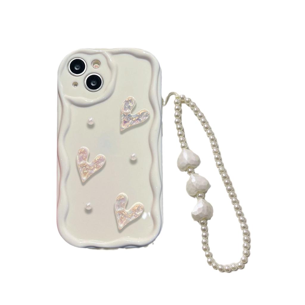 Three dimensional Waves Suitable for IPhone14pro White Love Pearl Mobile Phone Chain Apple 15 16pro Mobile Phone Case