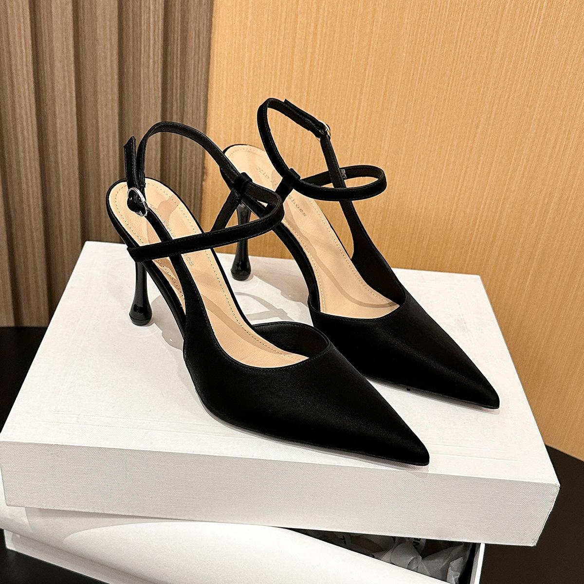 

6188-3 Sexy one-word single shoes with bag head and thin heels, new summer empty pointed single shoes, pedicure high heels 35 чёрный