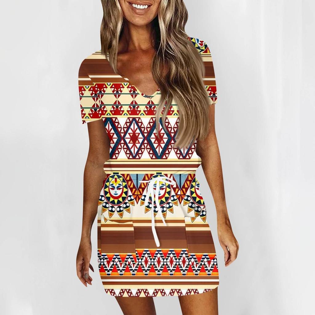 Women's Fashion Casual V-Neck Short Sleeve Drawstring Sequin Printed Dresses