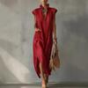 Summer European Style Women Clothing Maxi Dress Cotton Sleeveless Solid Color Loose Fit V-Neck Casual