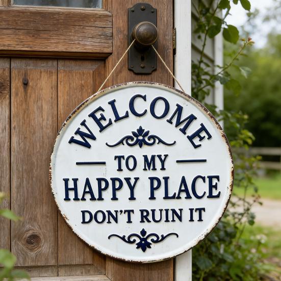 Welcome Sign for Front Door Round Metal Welcome to My Happy Place Hanging Plaque for Home Office Bedroom Kitchen Dining Bar Decor