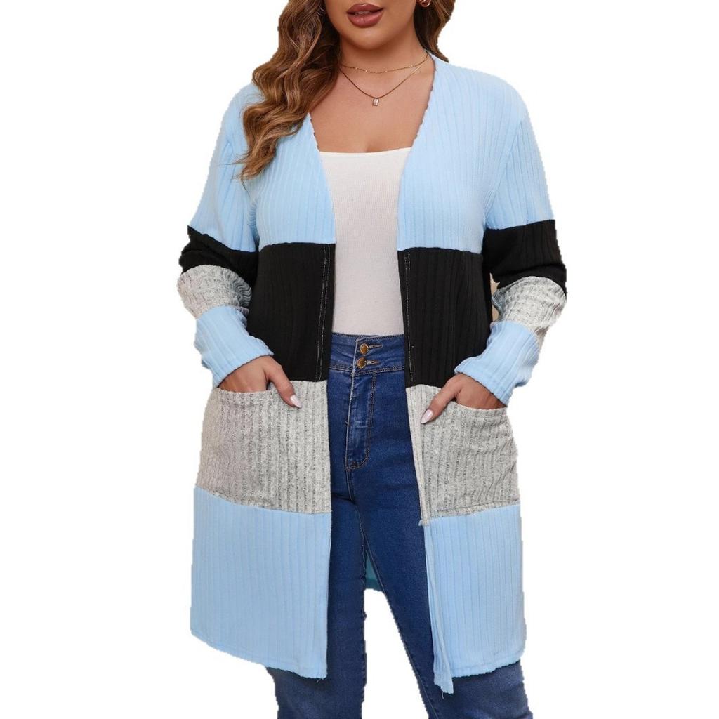 Fall Women's Contrast Color Ribbed Open Front Cardigan Coat, Casual Outerwear for Women, European American Style