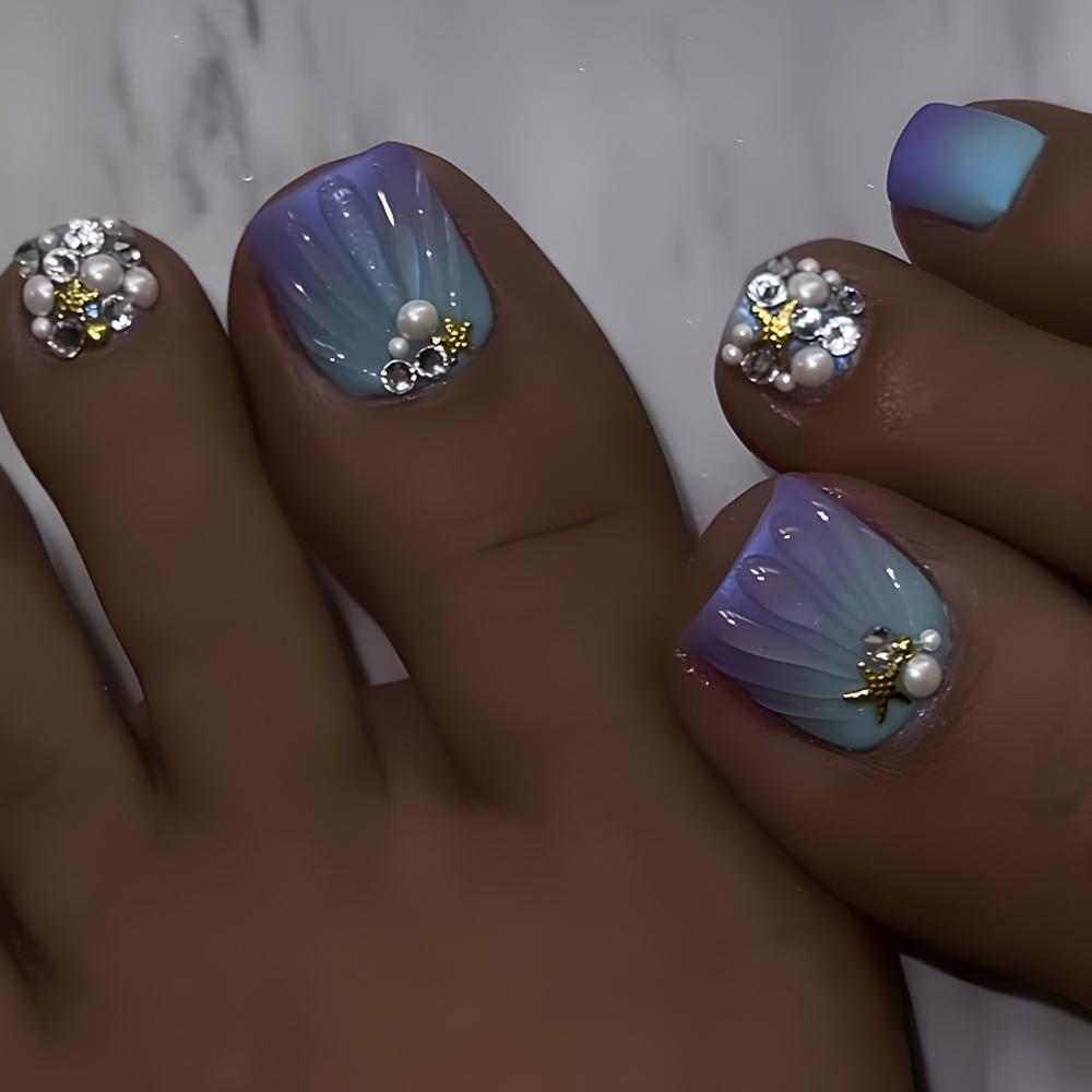 

Набор из 24 шикарных фиолетовых градиентных накладных ногтей с блестками, 3D-жемчужинами и стразами в виде морских звезд — короткие квадратные накладные ногти для женщин и девочек