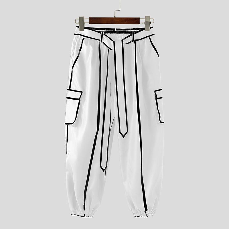 INCERUN Men Elastic Waist Hit Color Belt Casual Thin Harem Pants with Pockets