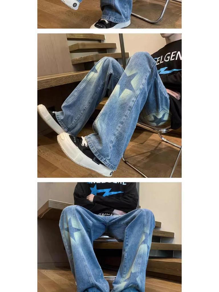 Unisex Korean Street-Style Elastic Waist Dark Star Jeans - Trendy, Loose Straight-Leg for Spring and Autumn