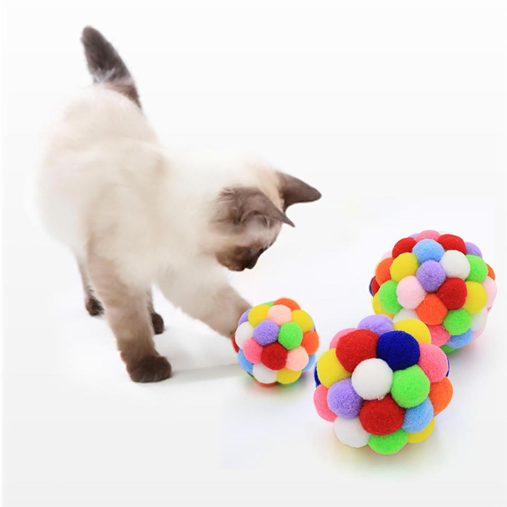 Mirhua Cat Pom-Pom Balls, Pet Toy, 3-Piece Set, Exercise Relief for Kittens and Adult Cats (Green, Blue, and Pink)