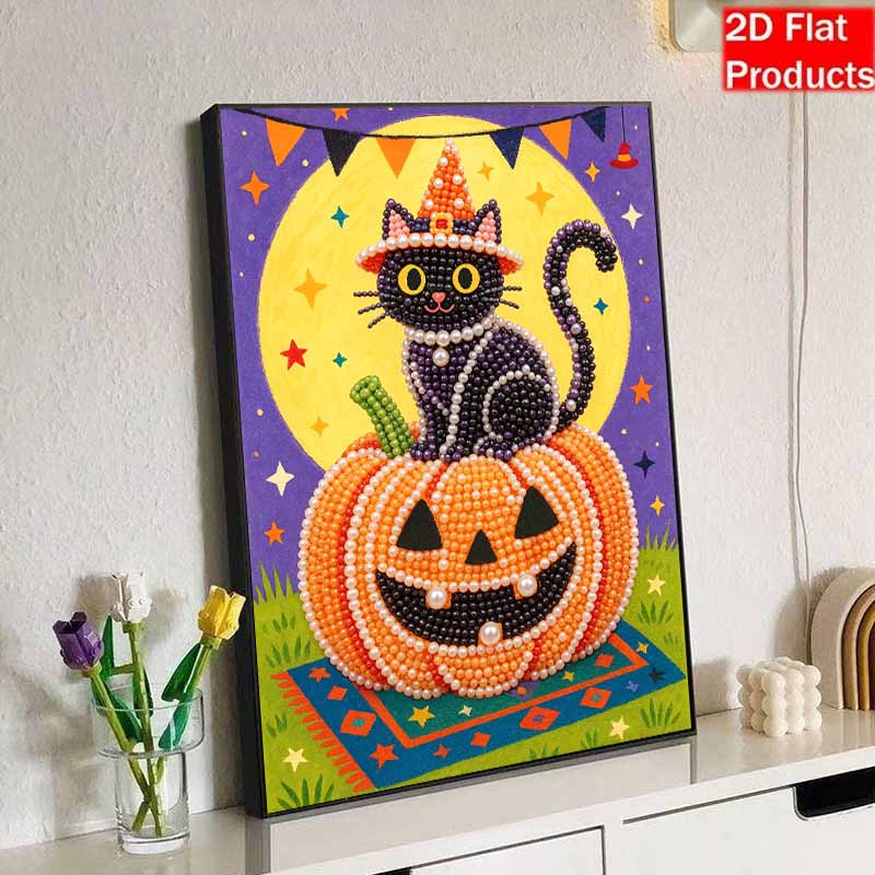 DIY 3D Pearl Painting Canvas Halloween Black Cat Pumpkin Pattern Relaxing Leisure Craft Kit for Adults Home Wall Decoration