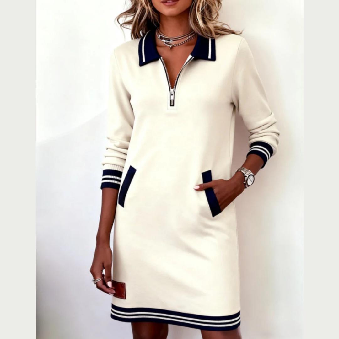 

Жіноча мода Весна-Осінь Лацкан Блискавка Довгий рукав Кольорове поєднання Кишеня Сукня S білий