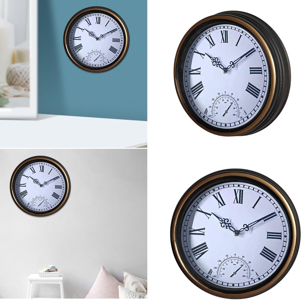 12in Outdoor Wall Clock with Thermometer Garden Waterproof Clock for Livingrooms Kitchen Office Bathroom Bedroom Decors