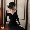 Design Sense One-word Collar Bottom Black Knitted Dress Autumn and Winter New with Coat Sweater Skirt
