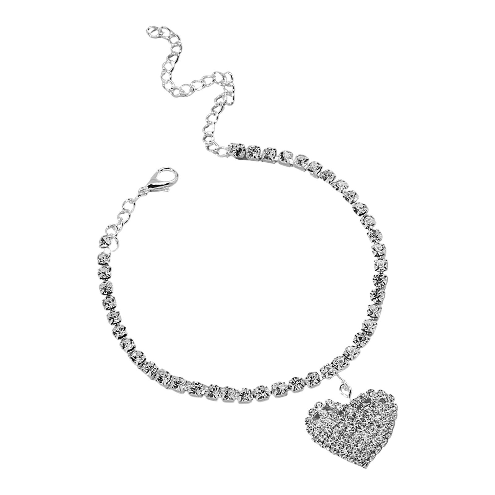 

Браслет на щиколотку в форме сердца со стразами, экзотическое универсальное ювелирное изделие, индивидуальный браслет на щиколотку в форме сердца с бриллиантами One Size серебряный