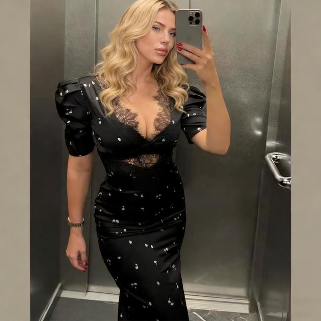 Waist-Cinching Slimming Dress: Women's European & American Style, Sexy Lace Patchwork, V-Neck Print