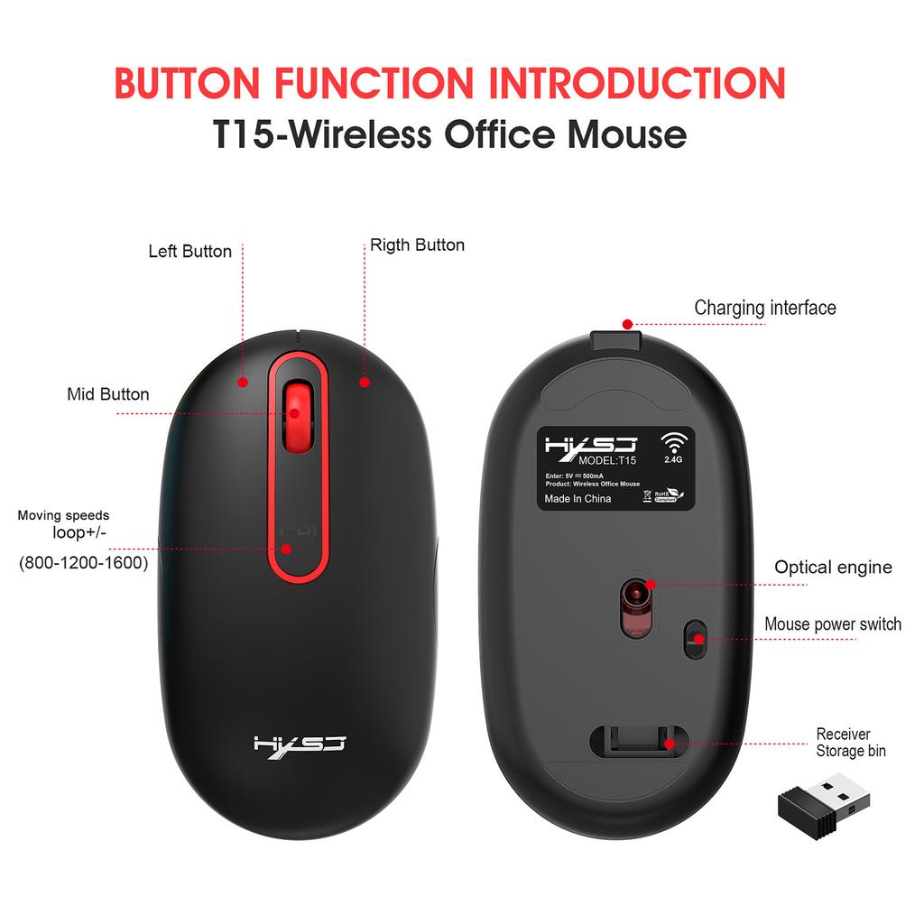 HXSJ T15 2.4G Wireless Mice Slim Computer Mice with USB Receiver Rechargeable Ergonomic Mice for